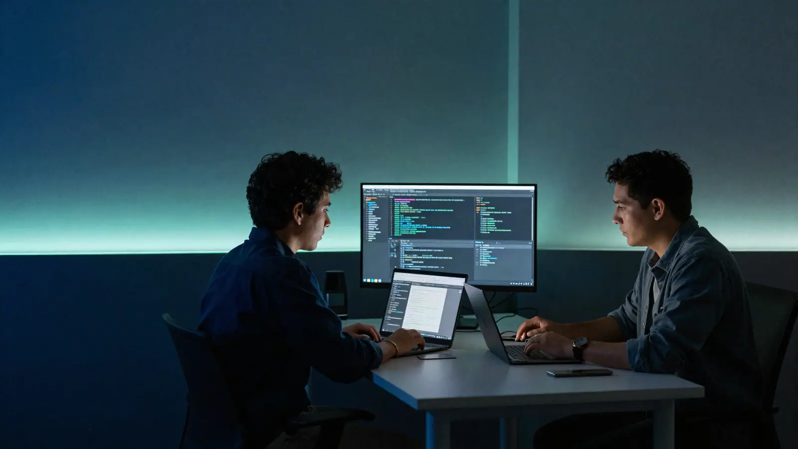 Equipo de desarrollo trabajando con código y diseño de interfaces en un estudio con iluminación azul