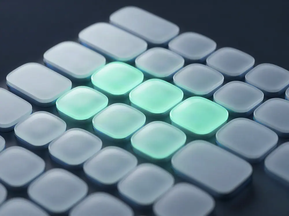 Cuadrícula de pequeñas piezas de cristal, dos de ellas iluminadas